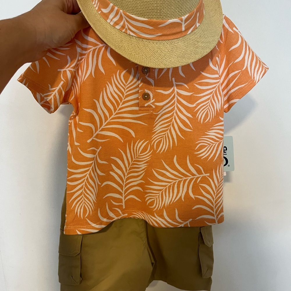 3 piece Tropical Orange Leaf Print Kids Shirt Set